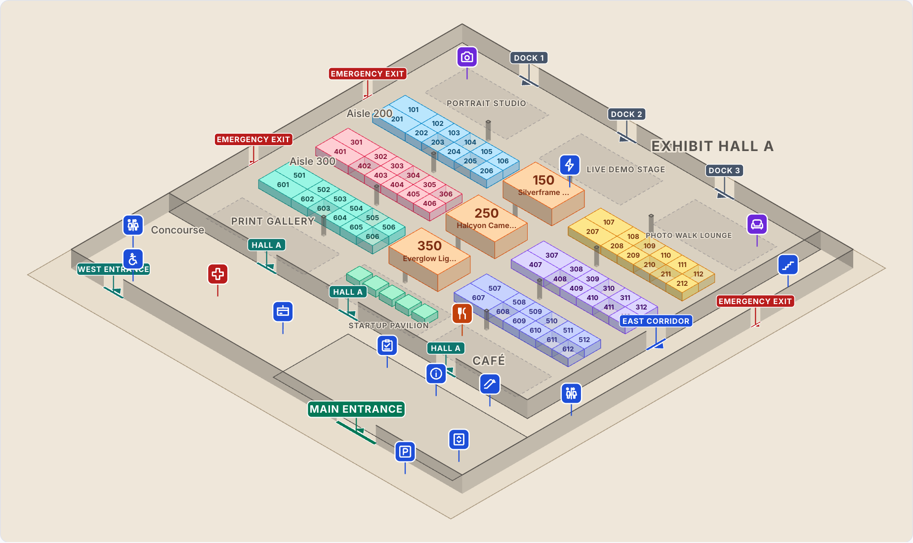 Fictional PhotoShow exhibit hall in Accordo’s 3D floorplan view: 80 spaces colored by pavilion, a portrait studio, demo stage, print gallery, café and main lobby.