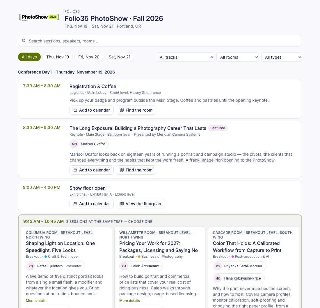 The PhotoShow public program in Accordo, with day tabs, search, filters and three breakout sessions at the same time.