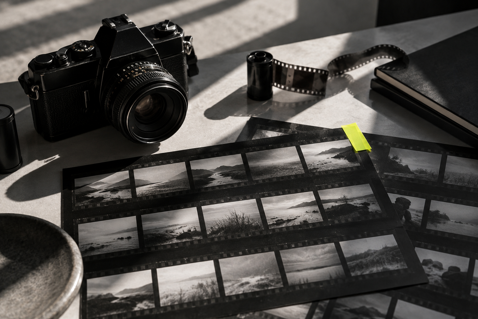 An artistic studio still life with an analog camera and landscape contact sheets